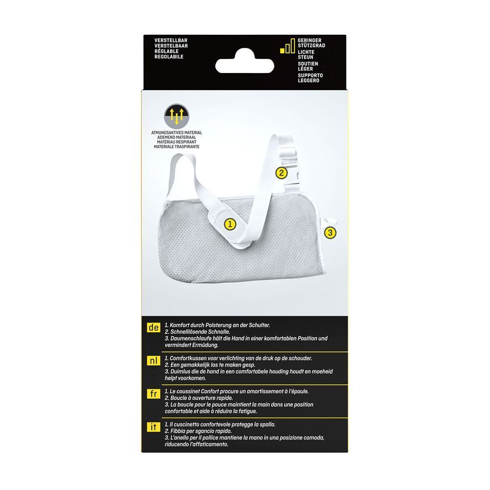 Écharpe en maille blanche, sangles réglables. Emballage avec informations produit.
