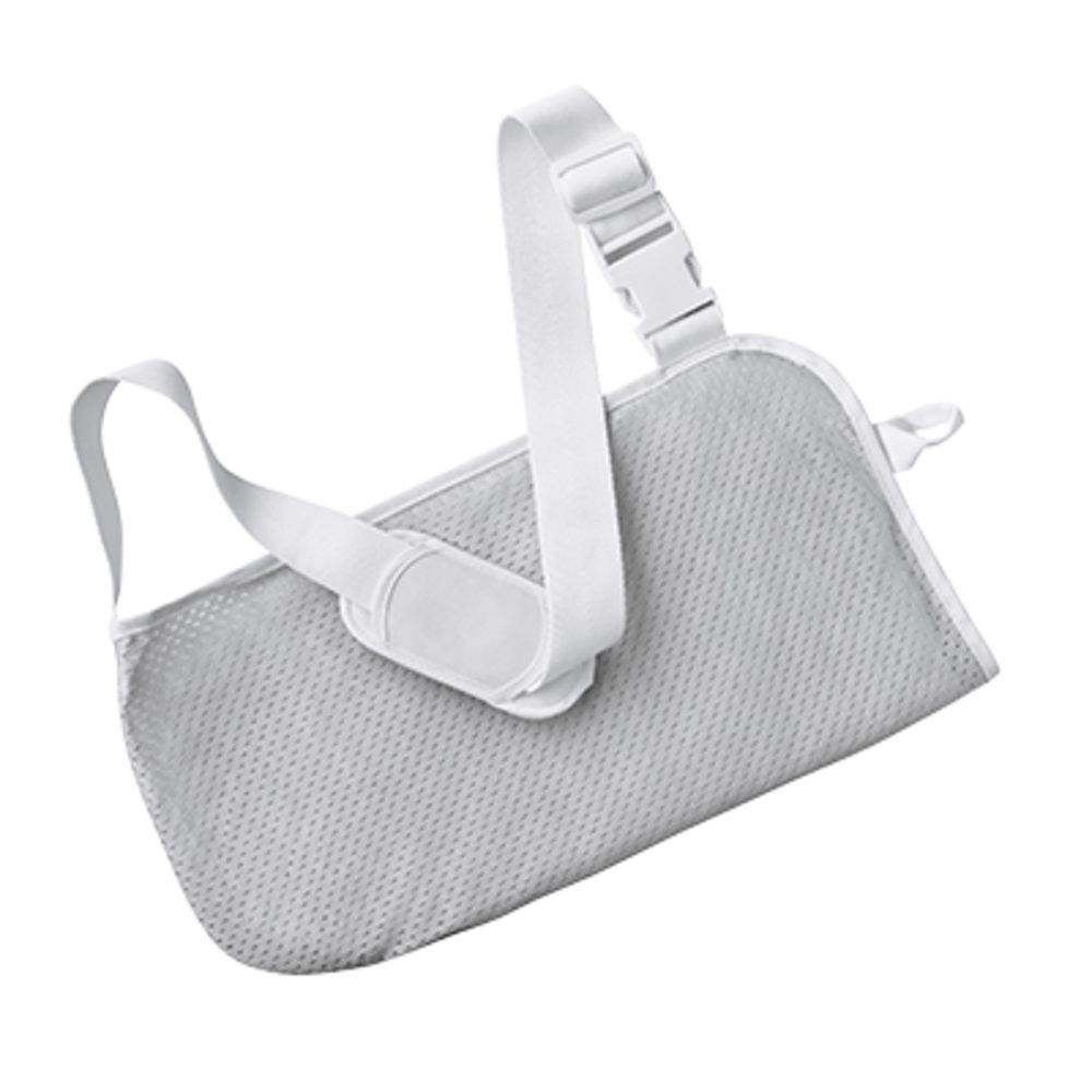 Écharpe en maille blanche, sangles réglables. Emballage avec informations produit.