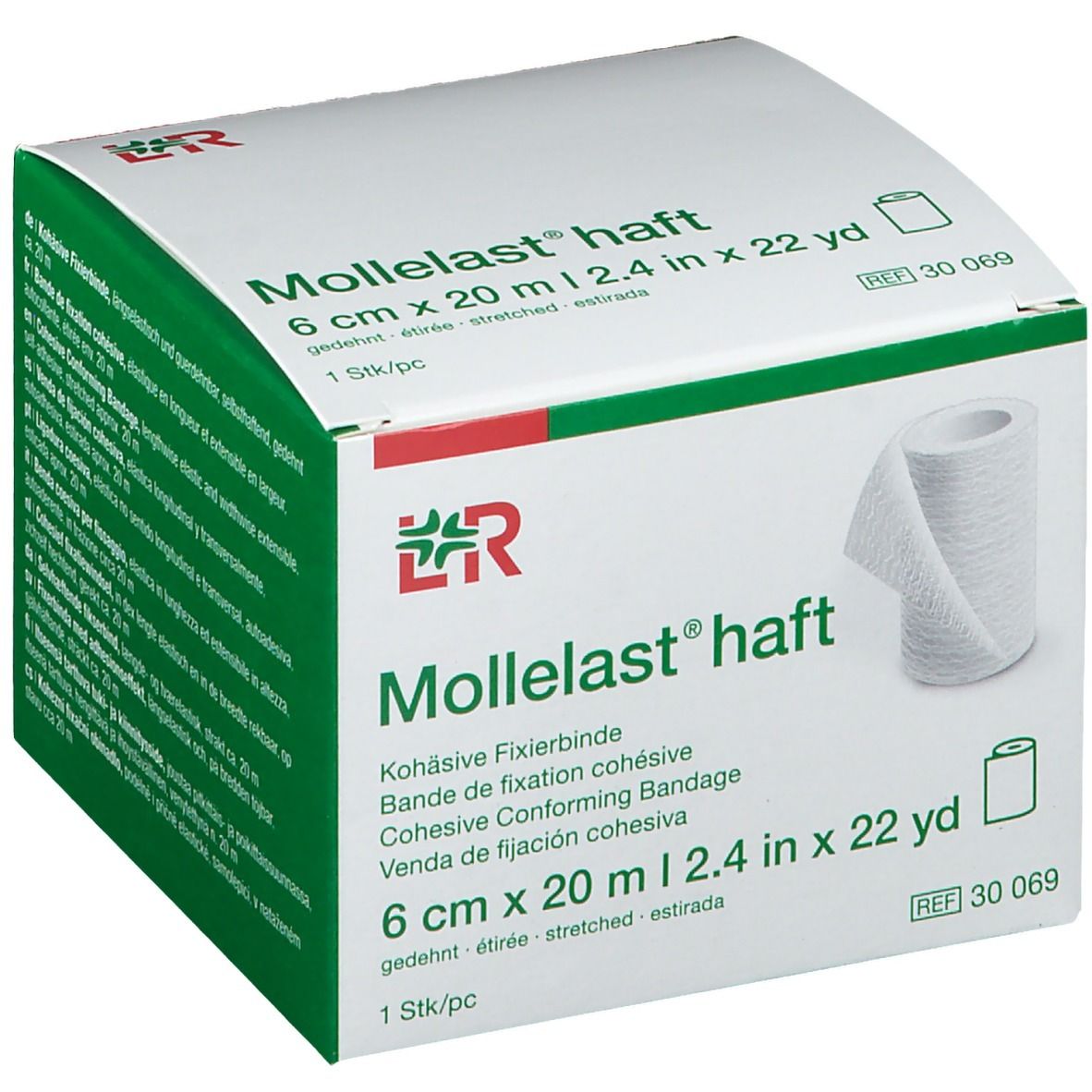 Boîte de Mollelast® haft, 6 cm x 20 m. Un rouleau de bandage est visible. Bandage blanc, emballage vert et blanc.