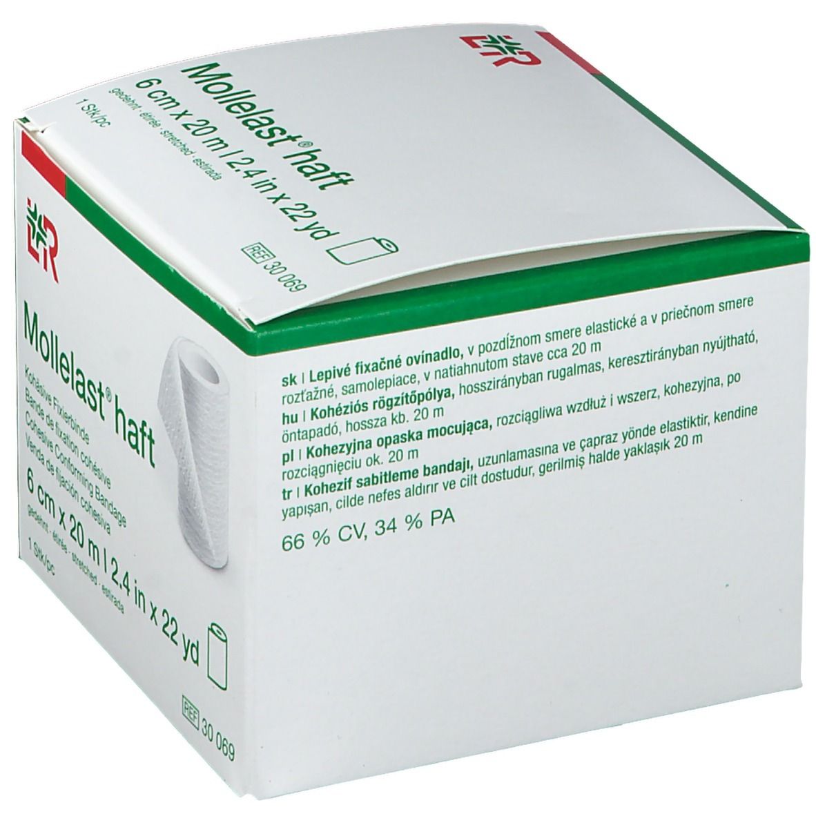 Boîte de Mollelast® haft, 6 cm x 20 m. Texte en plusieurs langues. Bandage blanc, emballage vert et blanc.