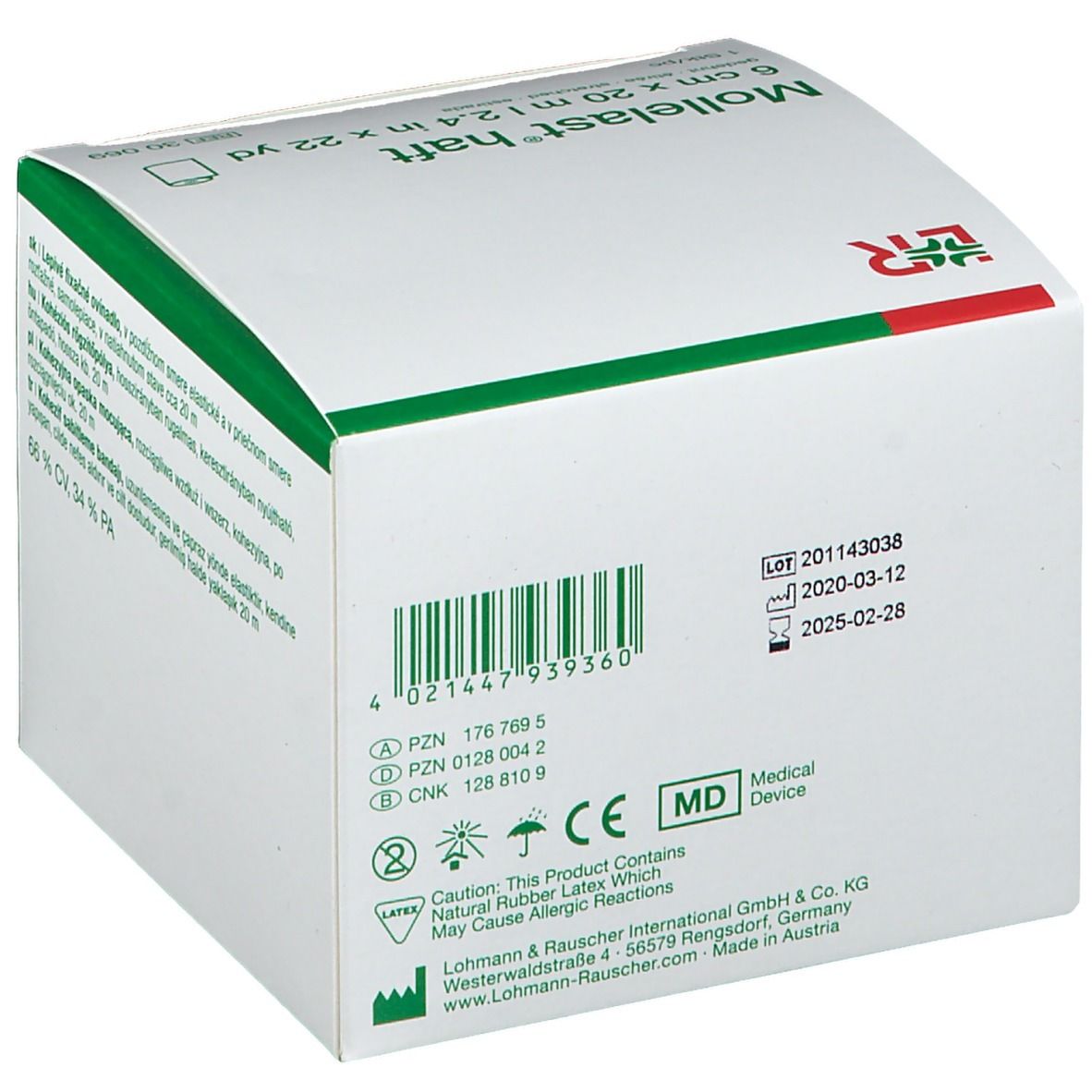 Dos de la boîte Mollelast® haft. Informations sur le fabricant, le numéro de lot, la durée de conservation et la certification.