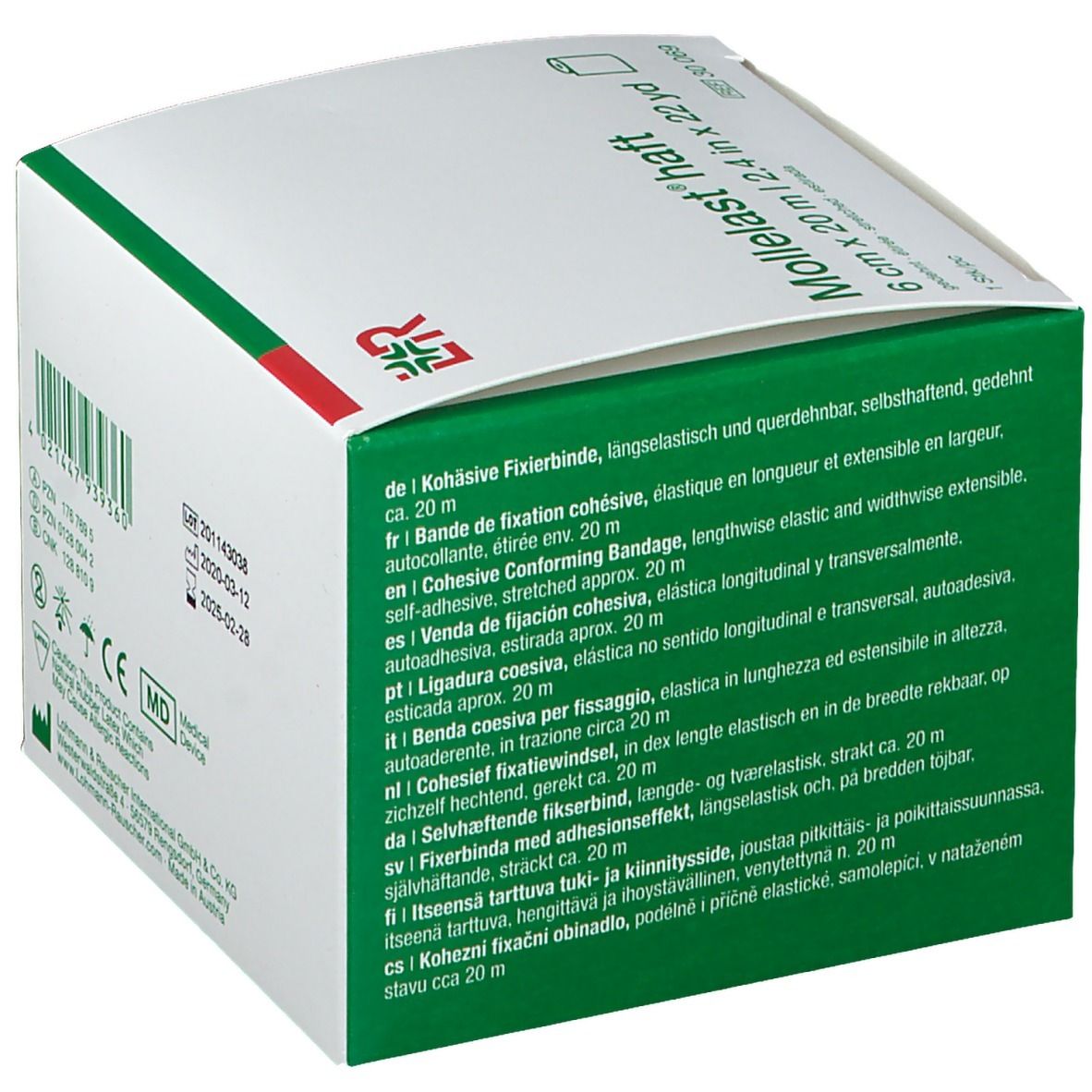 Boîte de Mollelast® haft, 6 cm x 20 m. Texte en plusieurs langues. Emballage vert et blanc.