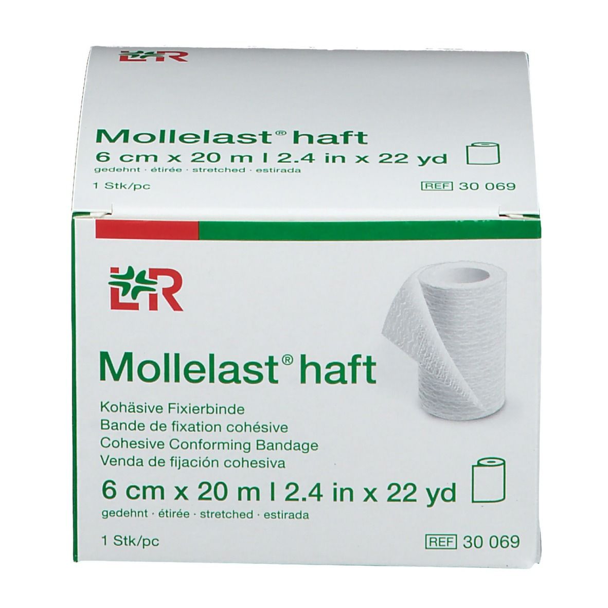 Boîte de Mollelast® haft, 6 cm x 20 m. Un rouleau de bandage est visible. Bandage blanc, emballage vert et blanc.