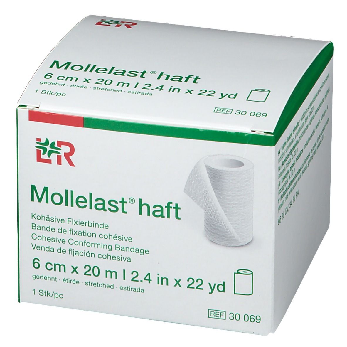 Boîte de Mollelast® haft, 6 cm x 20 m. Un rouleau de bandage est visible. Bandage blanc, emballage vert et blanc.