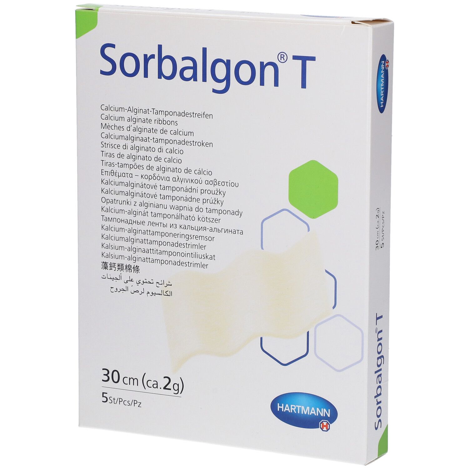 Boîte de Sorbalgon® T. Contient des rubans d'alginate de calcium, 30 cm. 5 pièces par boîte. Marque Hartmann.
