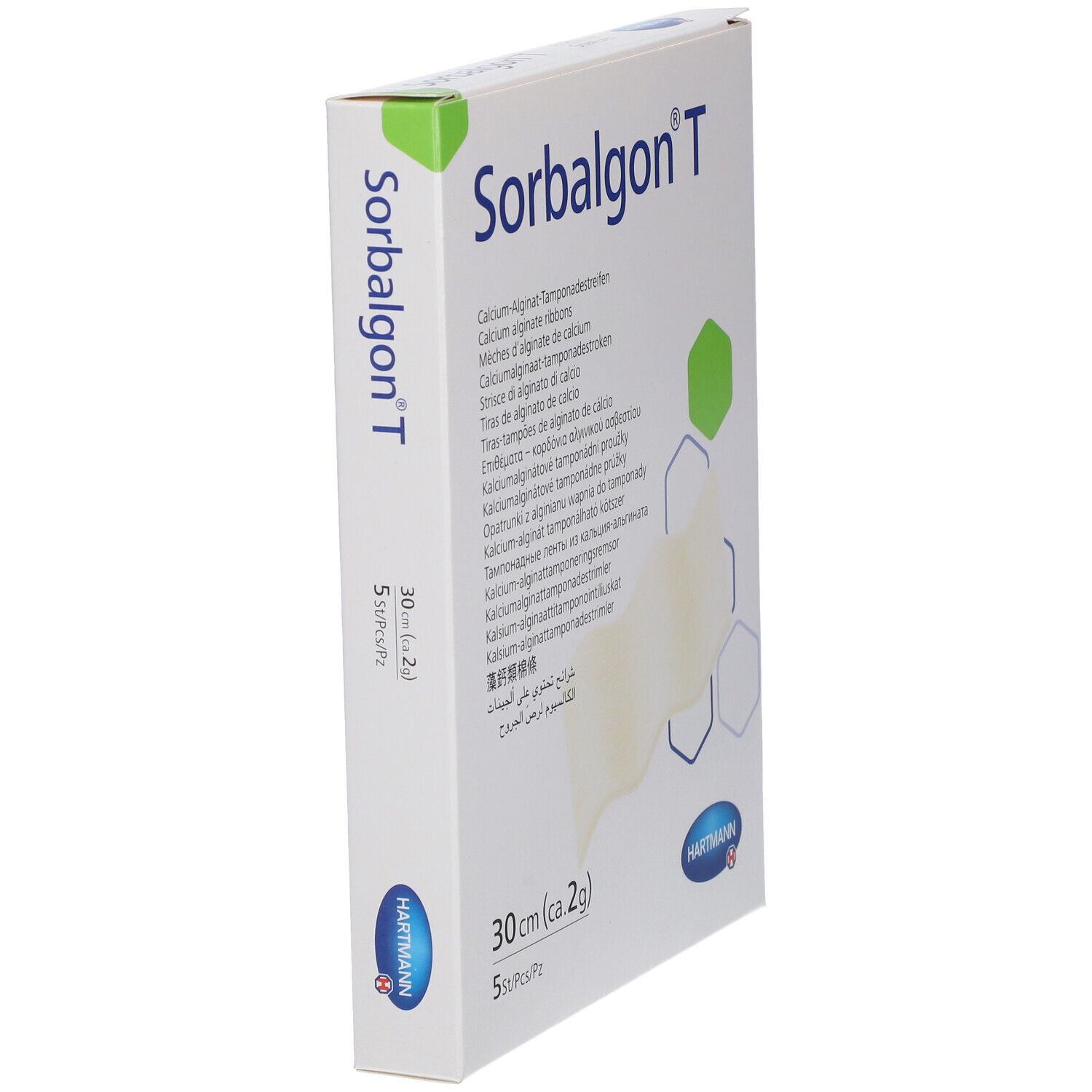 Vue en biais de l'emballage Sorbalgon® T. Contient des rubans d'alginate de calcium, 30 cm. Marque Hartmann.