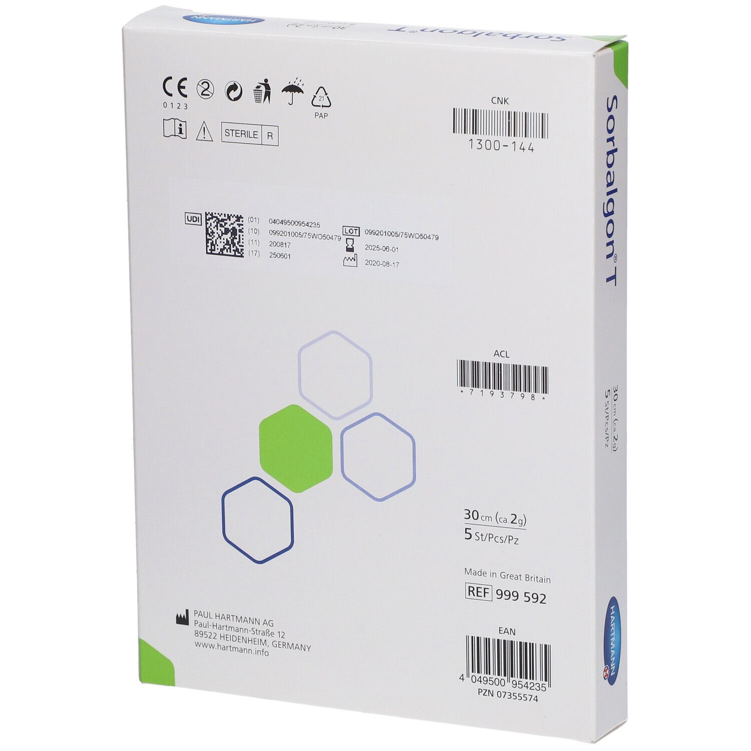 Dos de l'emballage Sorbalgon® T. Contient des informations, dont le marquage CE et le numéro de lot. Marque Hartmann.