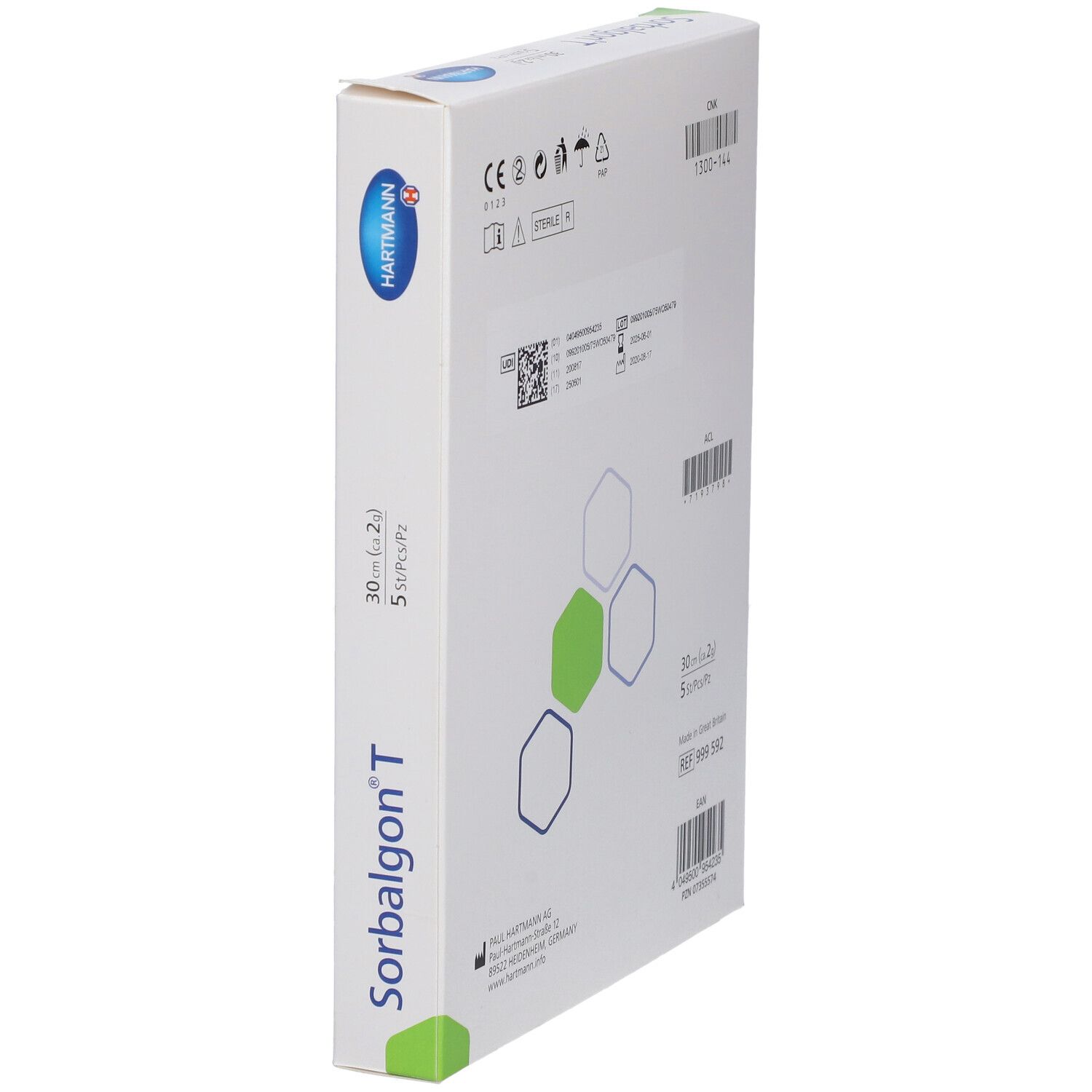 Vue latérale de l'emballage Sorbalgon® T. Contient des informations, dont le marquage CE et le numéro de lot. Marque Hartmann.