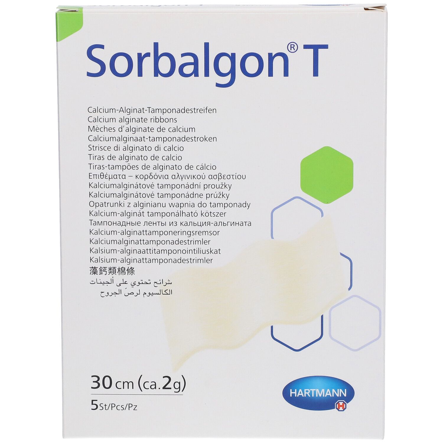 Boîte de Sorbalgon® T. Contient des rubans d'alginate de calcium, 30 cm. 5 pièces par boîte. Marque Hartmann.
