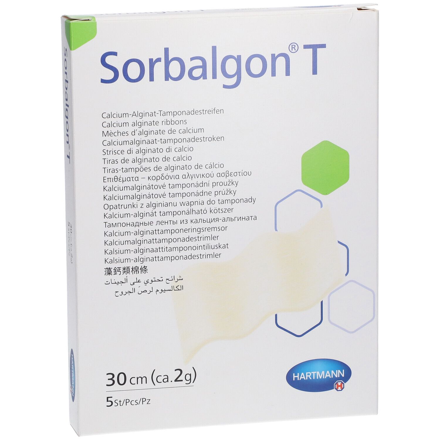 Boîte de Sorbalgon® T. Contient des rubans d'alginate de calcium, 30 cm. 5 pièces par boîte. Marque Hartmann.