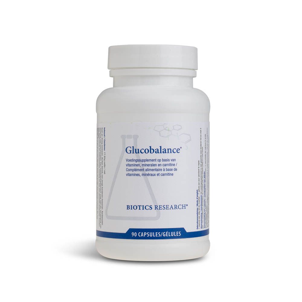 Flacon blanc avec étiquette Glucobalance. Inscription Biotics Research, 90 gélules. Bouchon scellé.