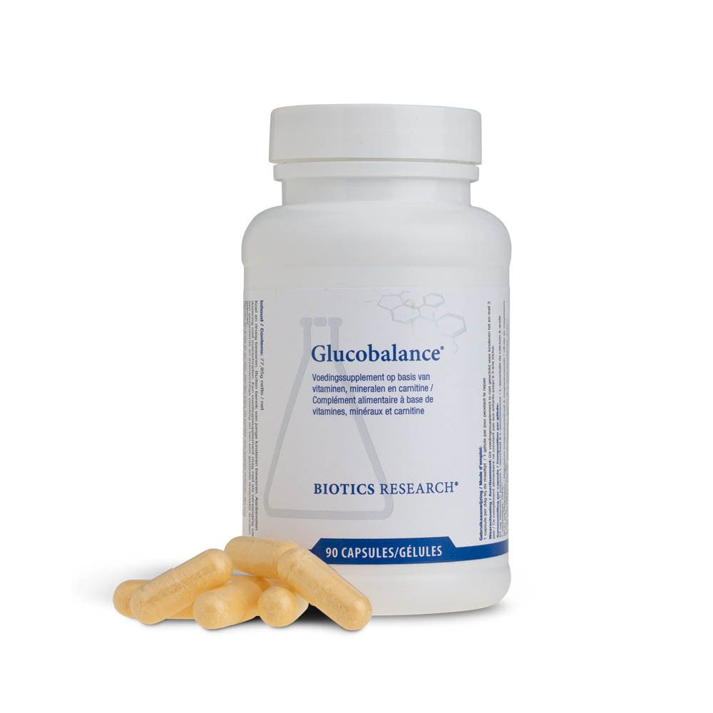Flacon blanc avec étiquette Glucobalance. Inscription Biotics Research, 90 gélules. Bouchon scellé.