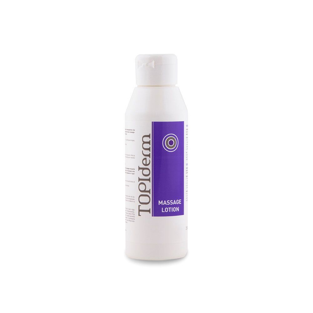 Flacon blanc avec étiquette TOPIderm Massage Lotion. Bande violette avec nom du produit et logo. Sur fond blanc.