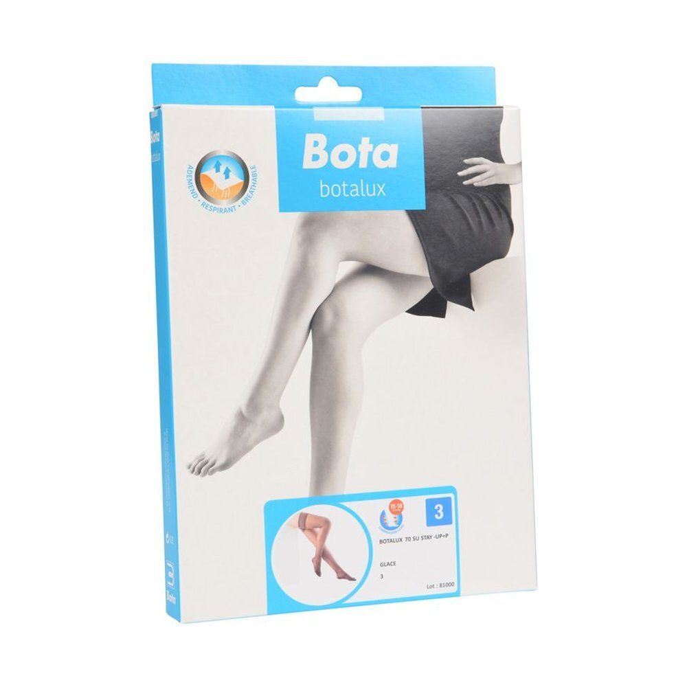 Emballage de Botalux 70 Stay-Up Glace N3. L'emballage montre des jambes en bas. L'emballage est bleu et blanc.