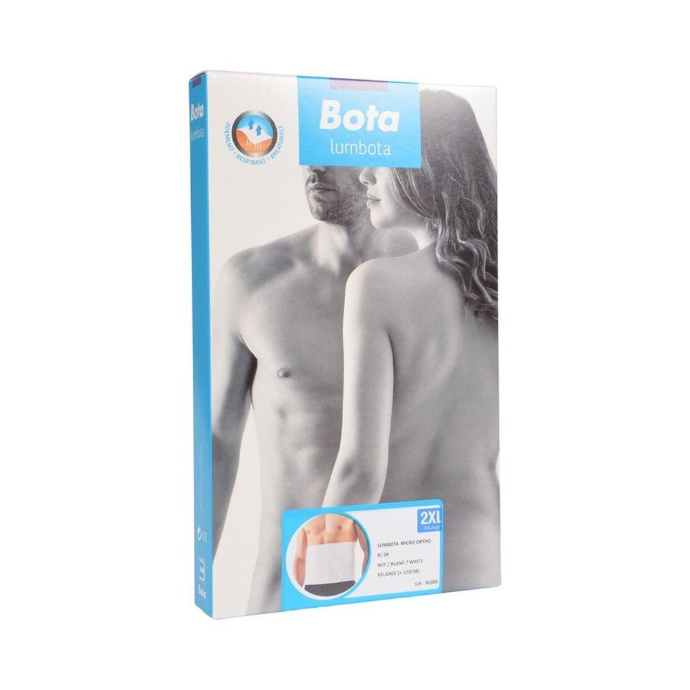 Vue de face de l'emballage Bota Lumbota Micro Ortho XXL. Nom du produit et taille 2XL. Deux personnes sont représentées.