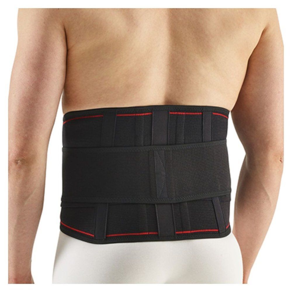 Ceinture dorsale noire avec rayures rouges. Vue arrière. Fermetures velcro et renforts.