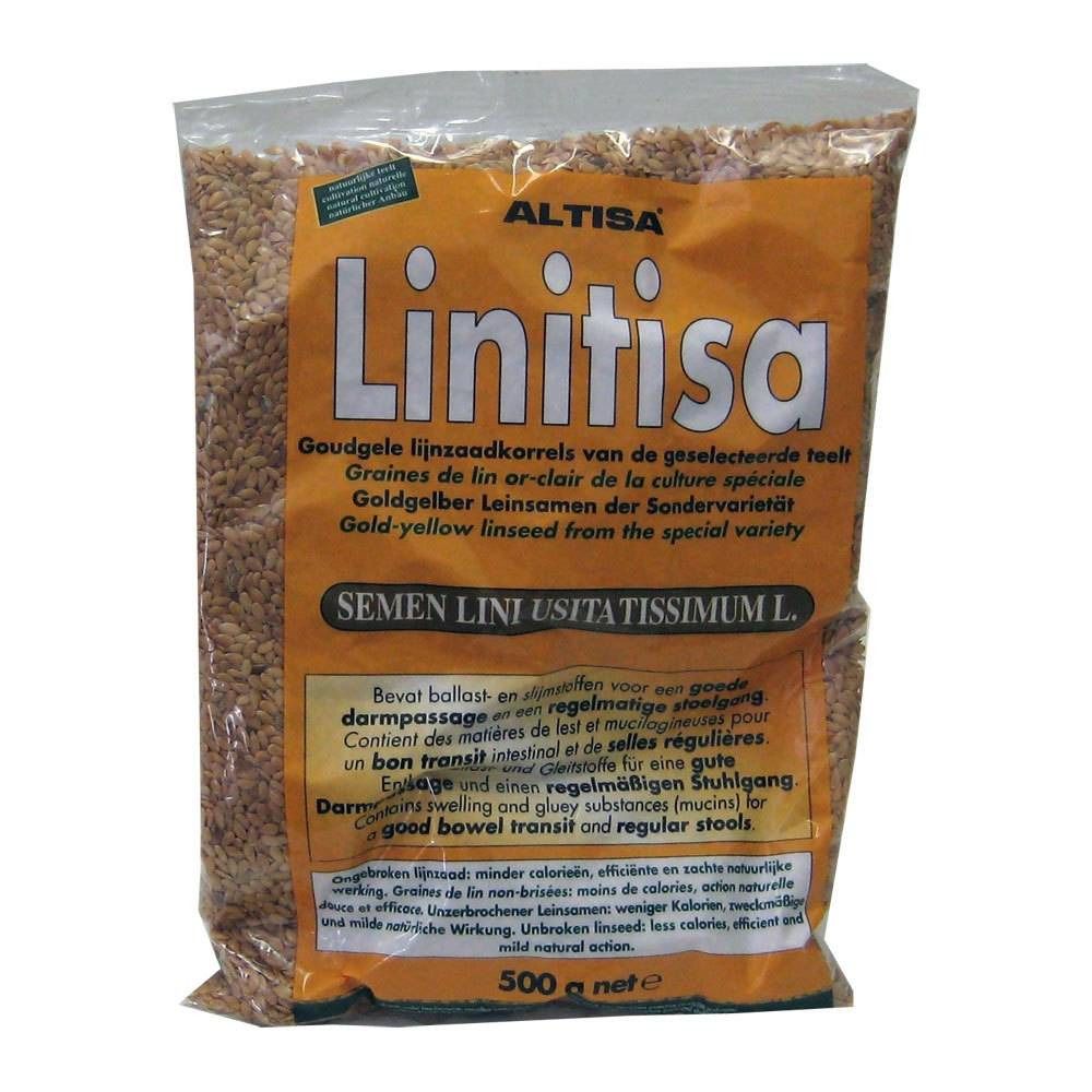 Sachet de graines de lin Altisa Linitisa. Inscription en plusieurs langues. Poids net 500 g. Graines de lin dorées.