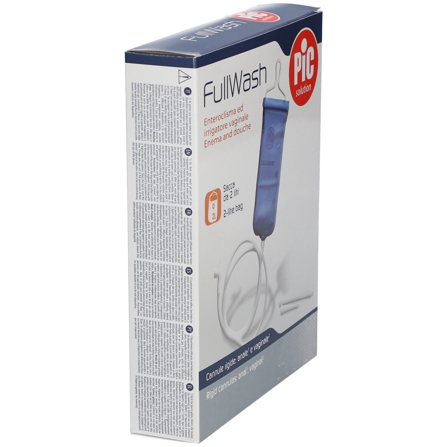 Vue latérale de l'emballage FullWash. Sac bleu, tubes et canules visibles. Logo PIC.