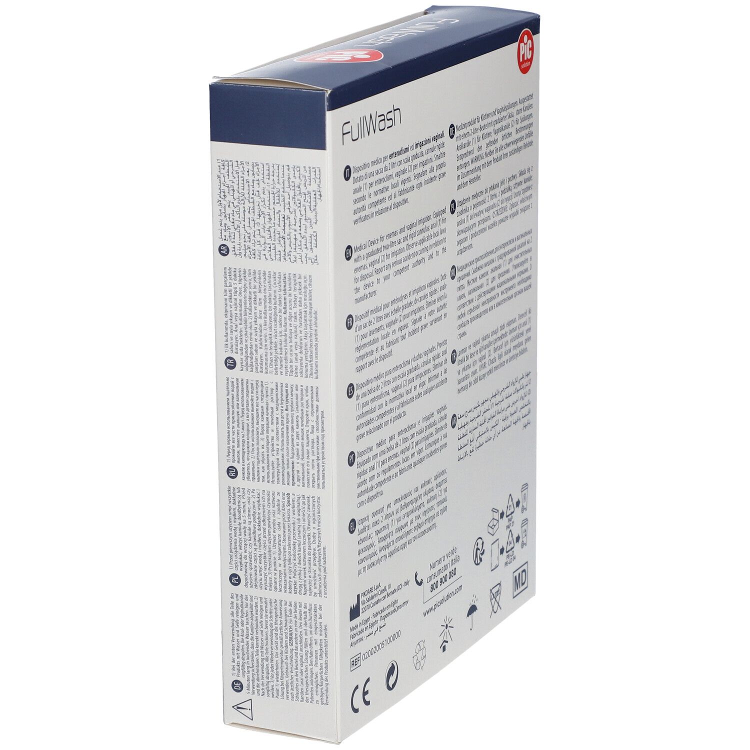 Vue latérale de l'emballage FullWash. Texte multilingue. Logo PIC et certifications.