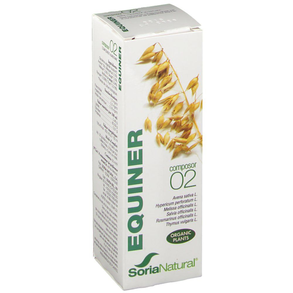 Emballage en carton blanc incliné avec EQUINER et Composor 02. Illustration de plantes et logo Soria Natural. Texte vert.