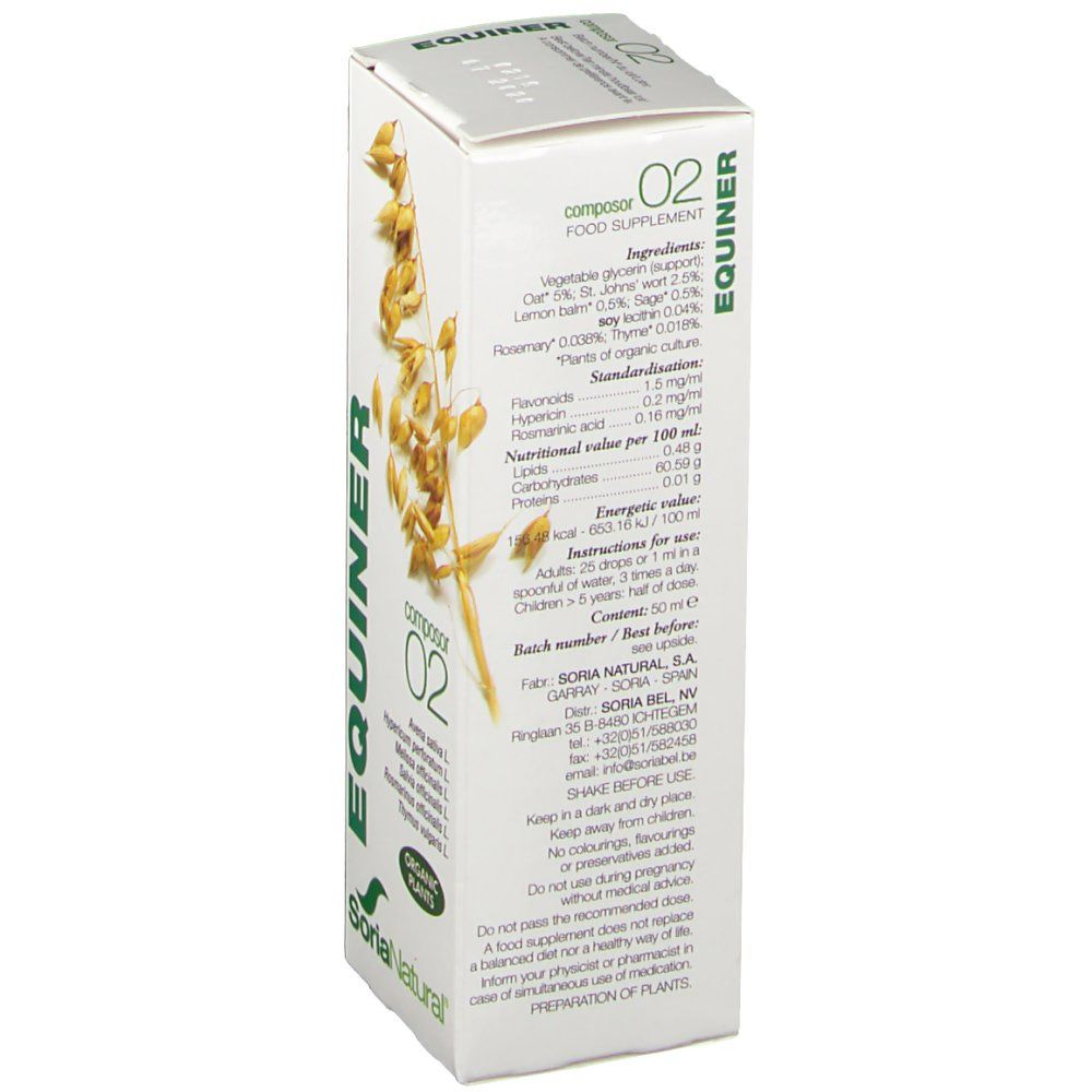 Emballage en carton blanc avec texte. Contient EQUINER et Composor 02. Détails des ingrédients et instructions.
