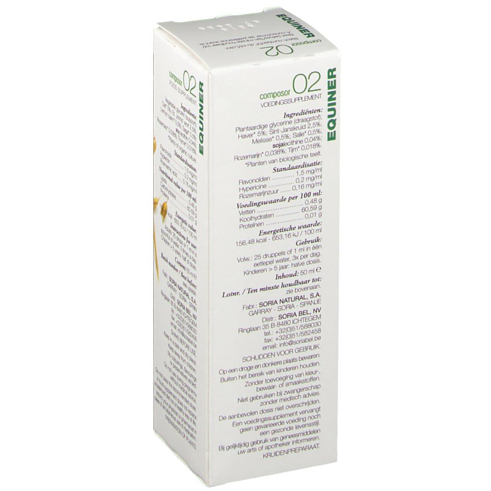 Emballage en carton blanc avec texte. Contient EQUINER et Composor 02. Détails des ingrédients et instructions.