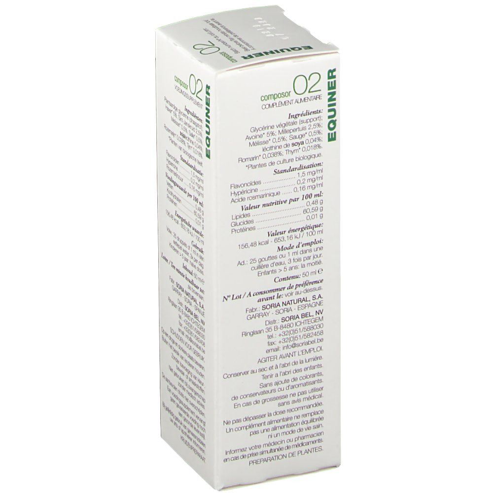 Emballage en carton blanc avec texte. Contient EQUINER et Composor 02. Détails des ingrédients et instructions.