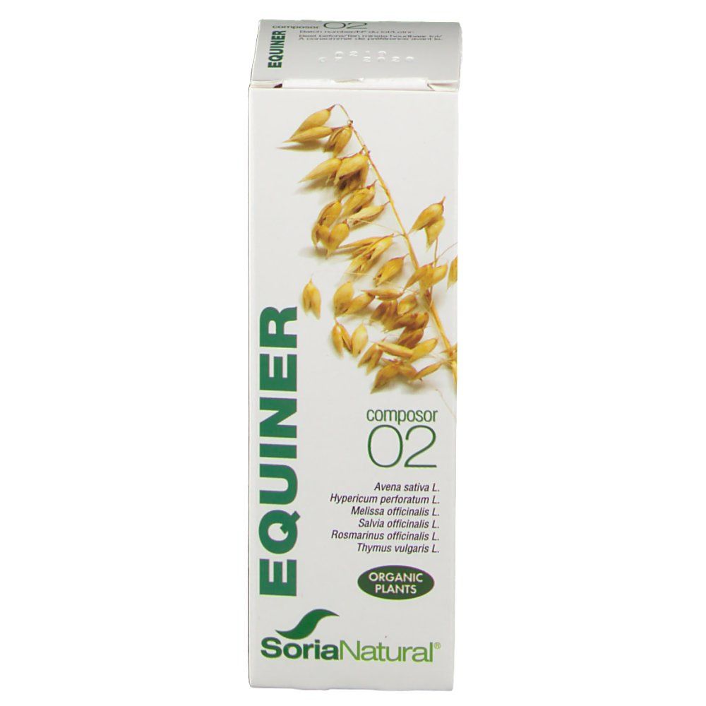 Boîte blanche EQUINER Composor 02. Illustration de plantes et logo Soria Natural. Texte vert.