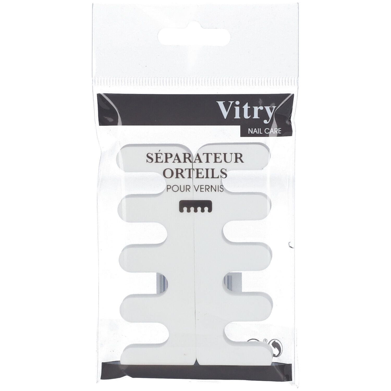 Séparateur d'orteils Vitry dans un emballage. Produit en plastique blanc avec des ouvertures. Texte : Séparateur Orteils pour vernis.