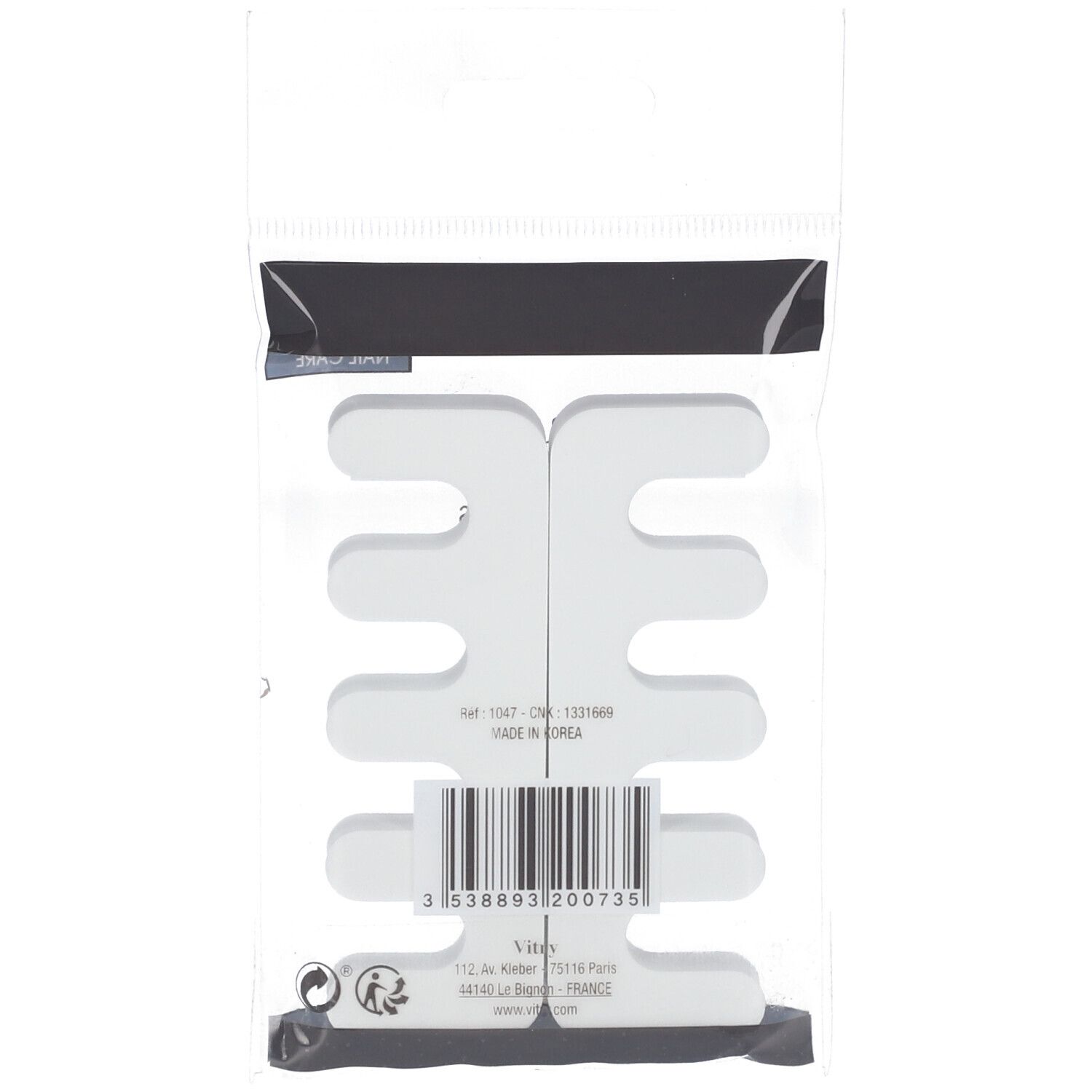 Dos de l'emballage du séparateur d'orteils. Produit en plastique blanc avec des ouvertures. Marque Vitry, code-barres et texte.