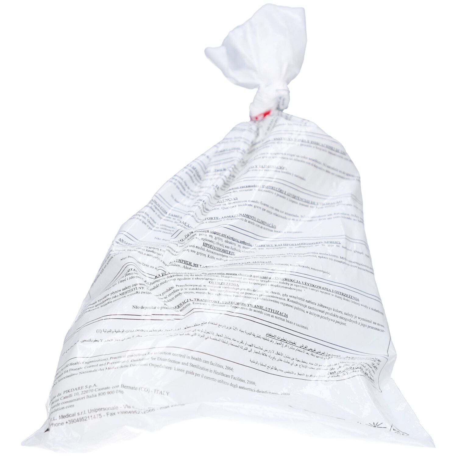 Sac blanc fermé, contenant des informations sur le produit.