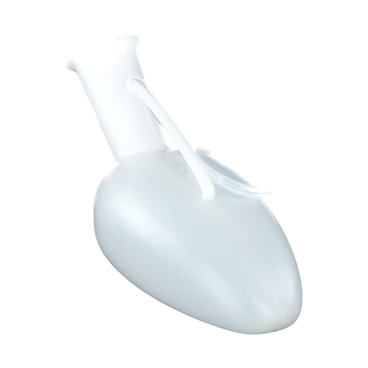 Urinal blanc pour homme avec poignée. Vue en perspective.