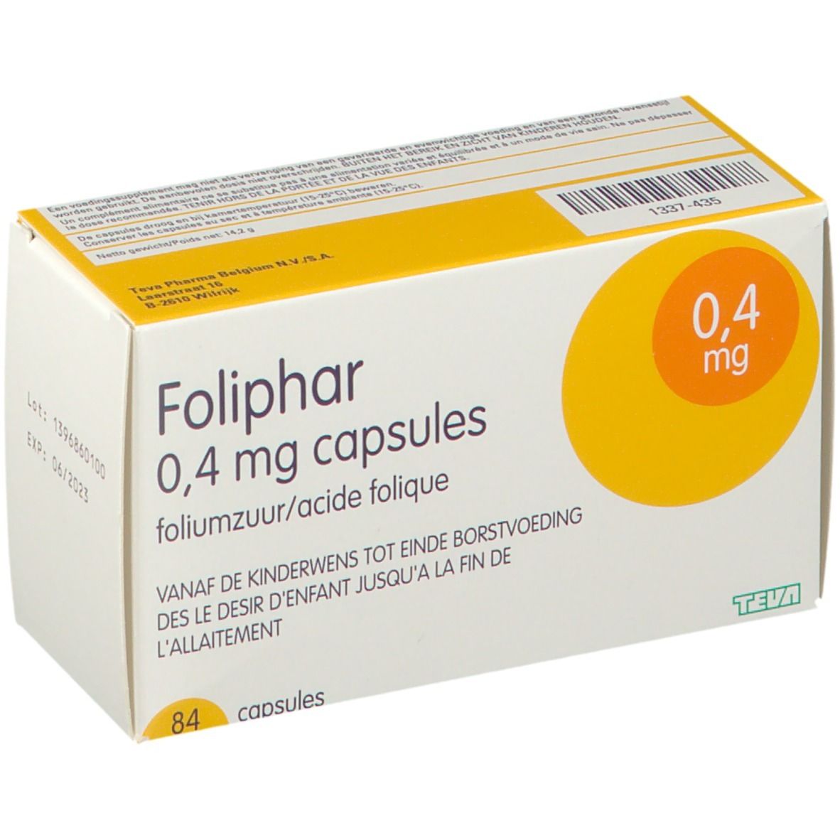 Boîte de Foliphar 0,4 mg capsules. Cercle jaune avec 0,4 mg. Texte: acide folique, 84 capsules.