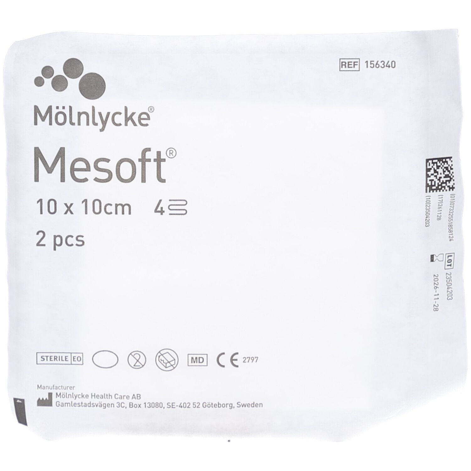Emballage Mesoft avec logo et informations produit. Contient deux compresses, 10 x 10 cm. Stérile.