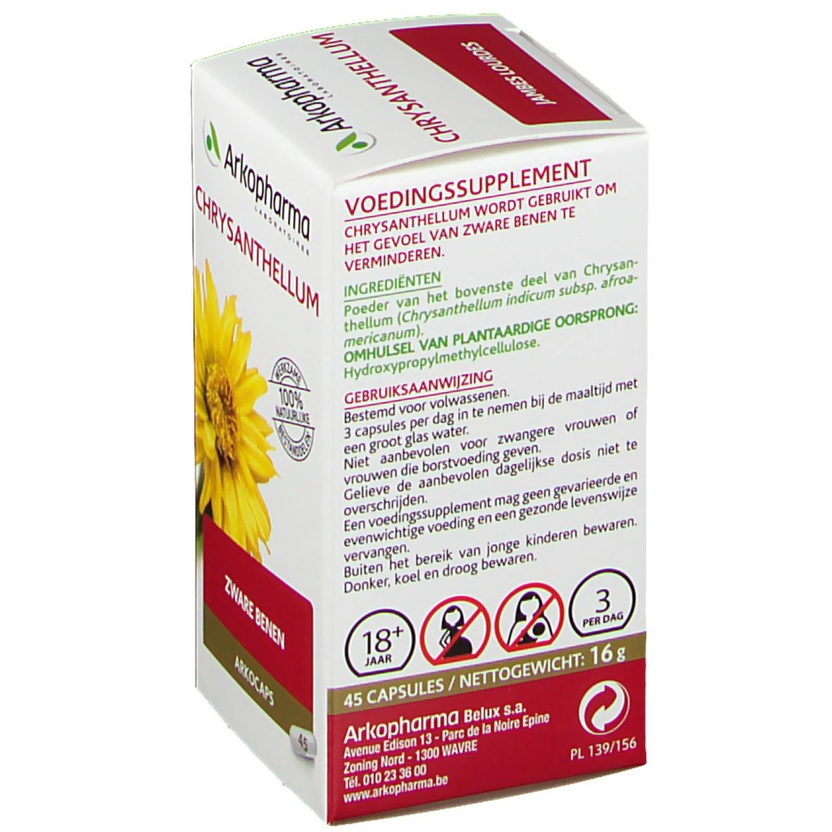 Dos de la boîte Arkopharma Chrysanthellum. Informations sur les ingrédients et l'utilisation. 45 gélules.