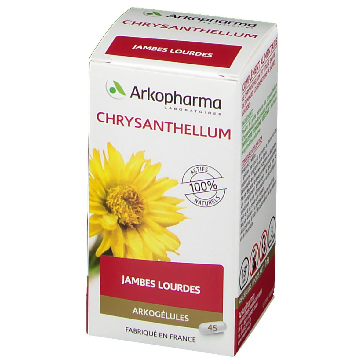 Boîte Arkopharma Chrysanthellum. Informations sur les ingrédients et l'utilisation. 45 gélules. Fabriqué en France.