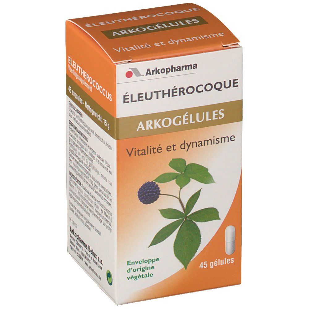 Boîte orange Arkogélules, 45 gélules. Inscription: ÉLEUTHÉROCOQUE, Vitalité et dynamisme. Gélule d'origine végétale.