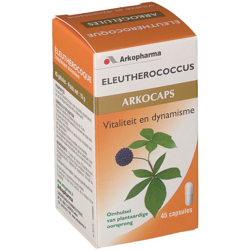 Boîte orange Arkocaps, 45 capsules. Inscription: ÉLEUTHÉROCOQUE, Vitalité et dynamisme. Capsule végétale.
