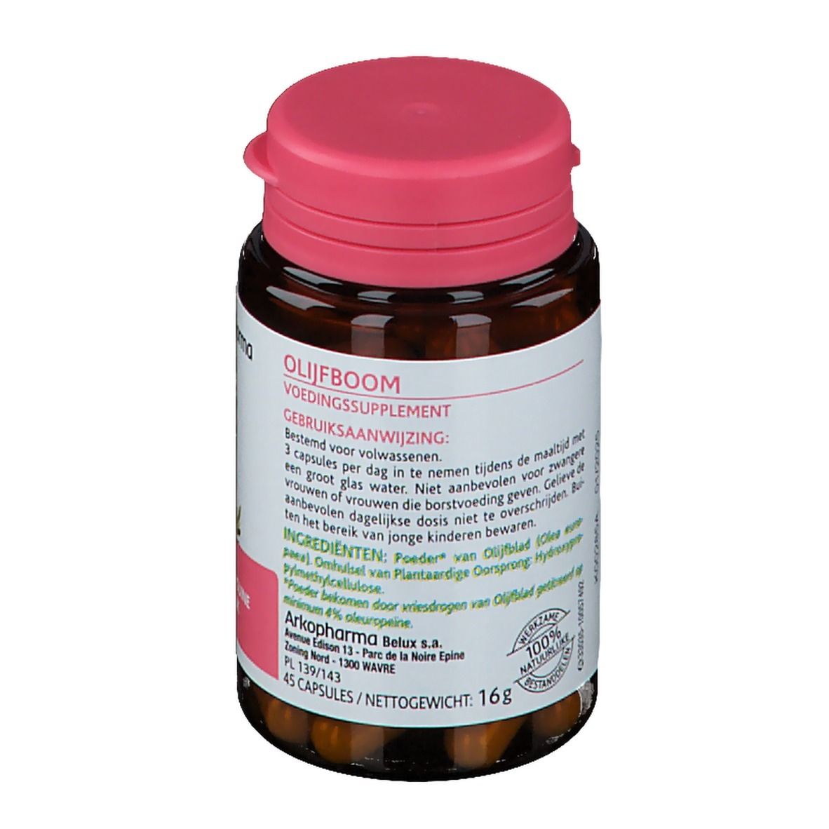 Flacon brun à bouchon rose. Étiquette avec texte et ingrédients. 45 gélules. Certification 100% naturel.