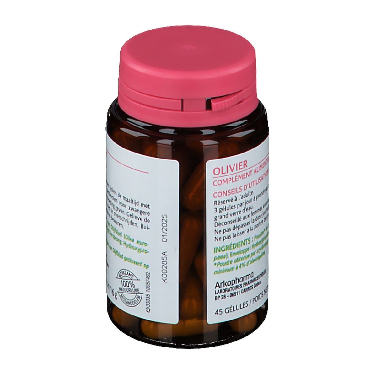 Flacon brun à bouchon rose. Étiquette avec texte et date de péremption. 45 gélules. Certification 100% naturel.