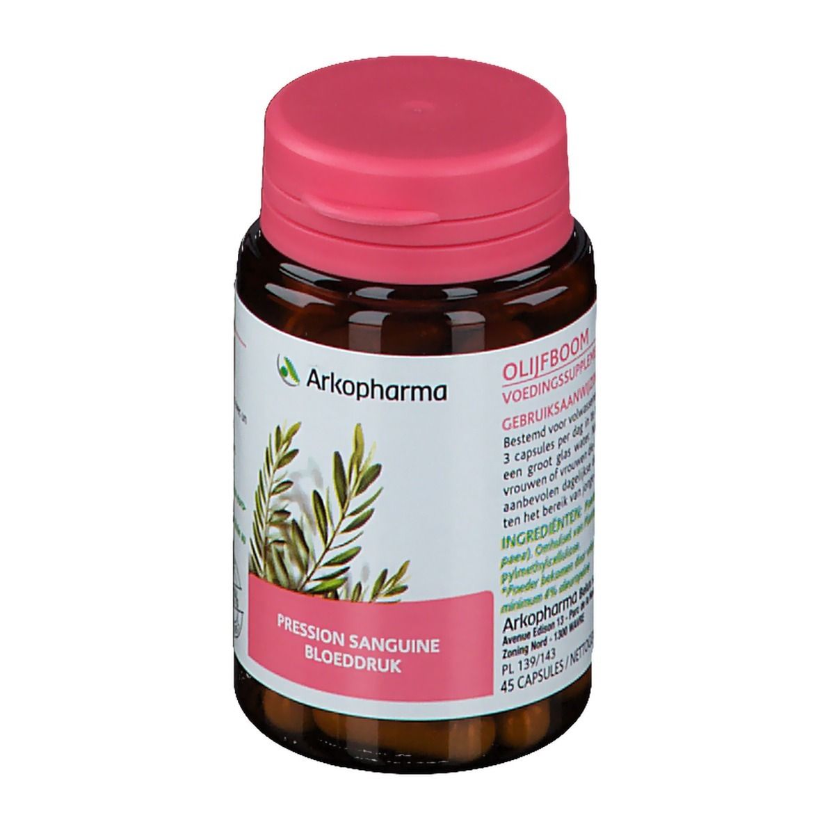 Flacon brun à bouchon rose. Étiquette avec texte et ingrédients. 45 gélules. Certification 100% naturel.