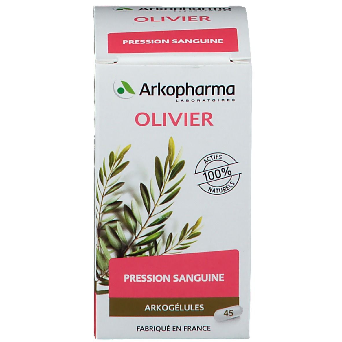 Conditionnement produit, boîte avec texte et logo. Texte : OLIVIER, Pression Sanguine, Arkogélules. 45 gélules. 100% naturel.