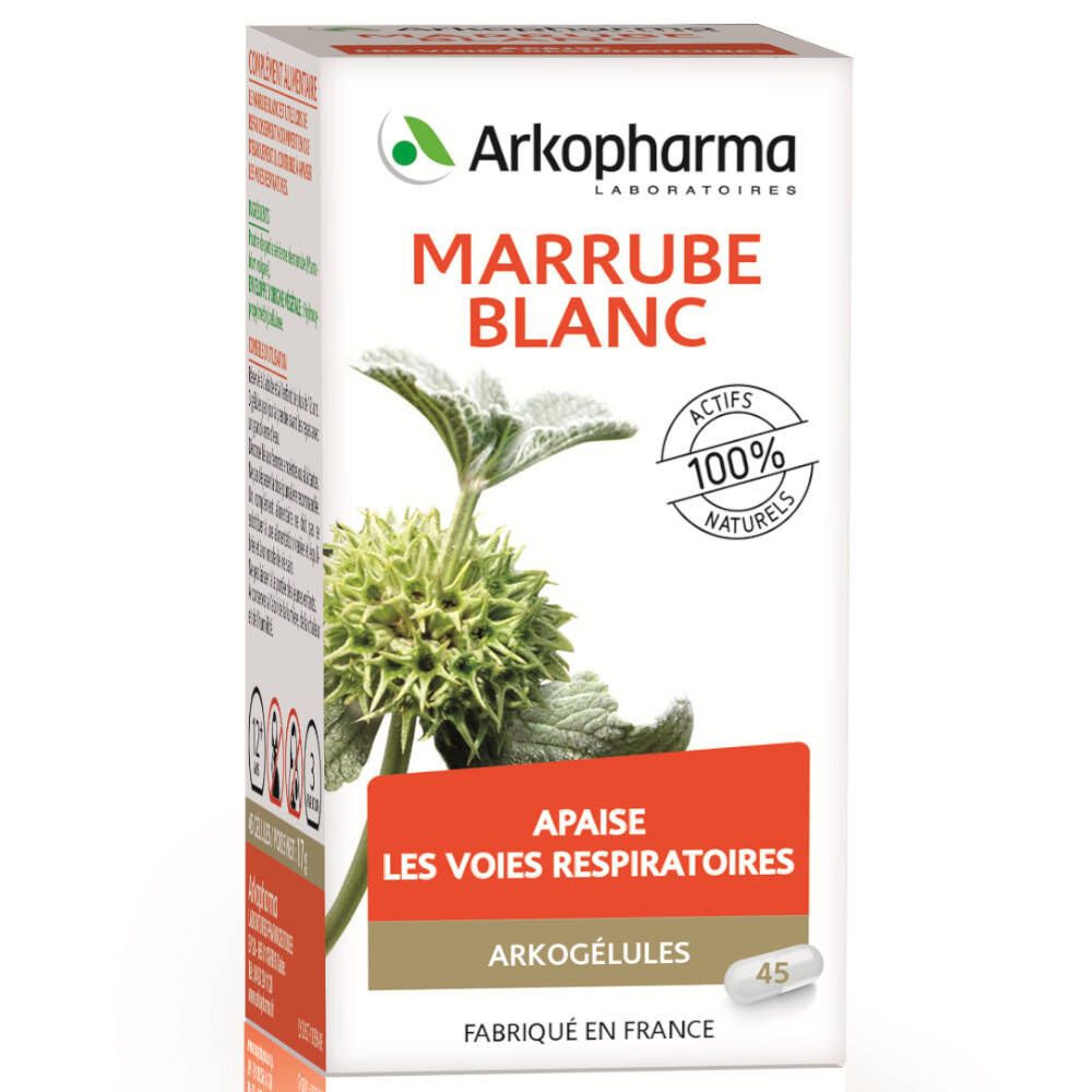 Boîte rectangulaire de Marrube blanc. Inscription: Marrubé Blanc, 100% actifs naturels. 45 gélules.