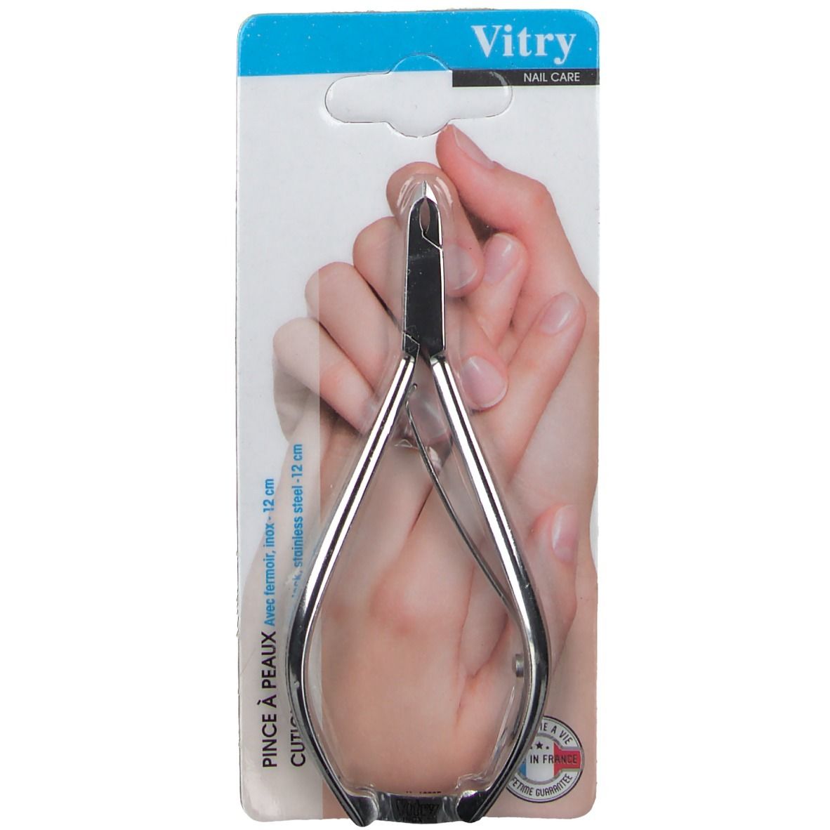 Pince à peaux avec fermoir. Inox 12 cm. Emballage blister. Logo Vitry.