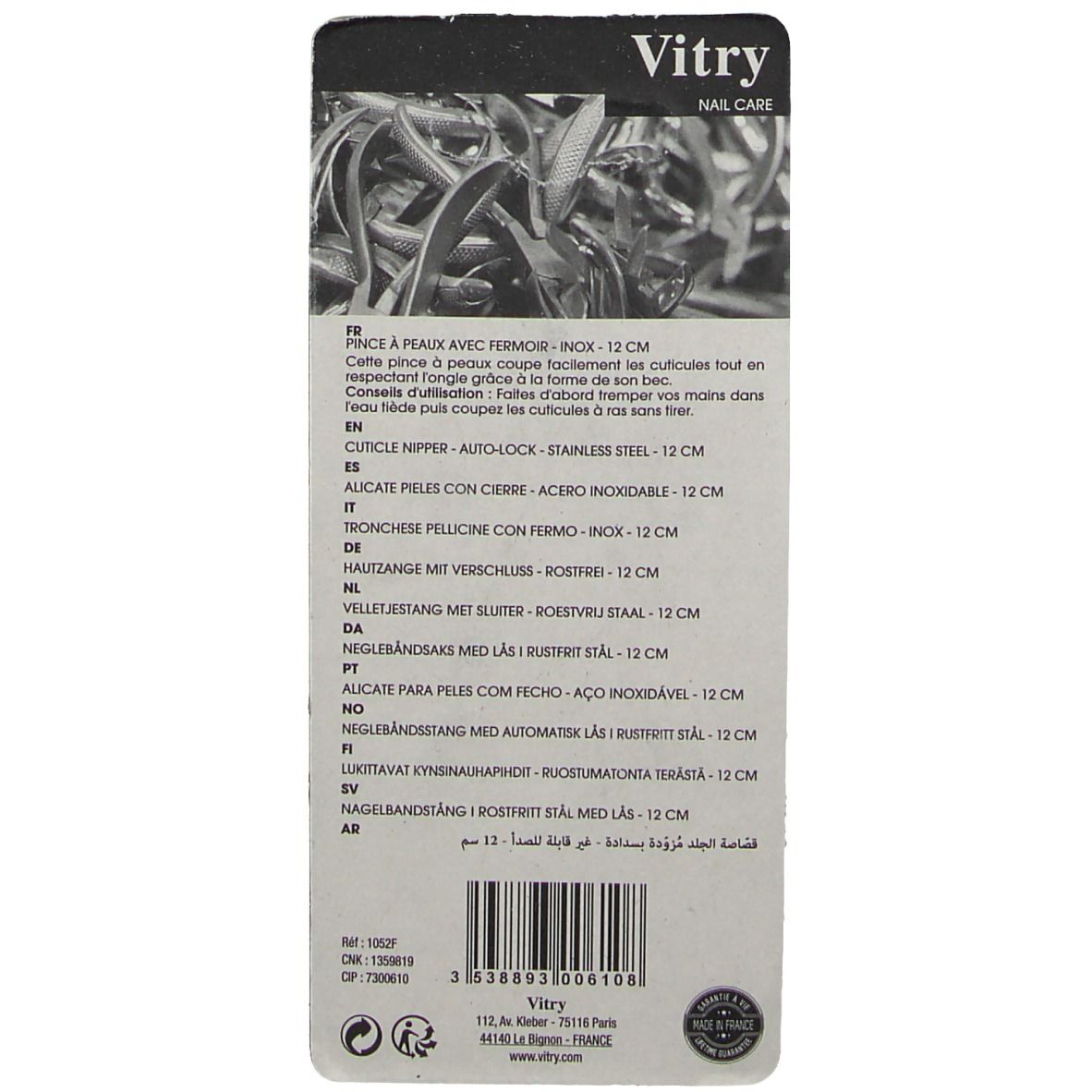 Dos de la carte blister. Informations produit et code-barres. Logo Vitry.
