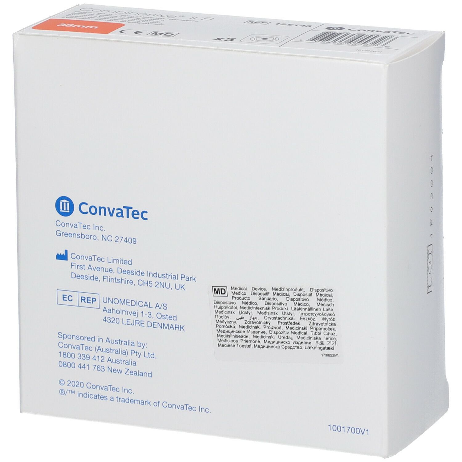 Dos de la boîte blanche avec logo ConvaTec et informations d'adresse. Inscription : dispositif médical.