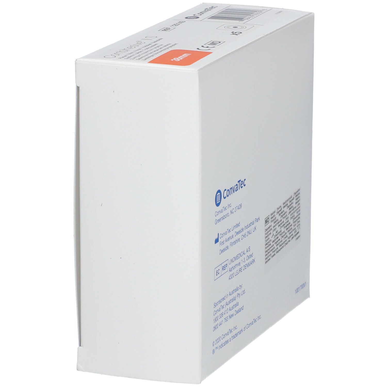 Boîte blanche avec logo ConvaTec et informations d'adresse. Inscription : 38mm.