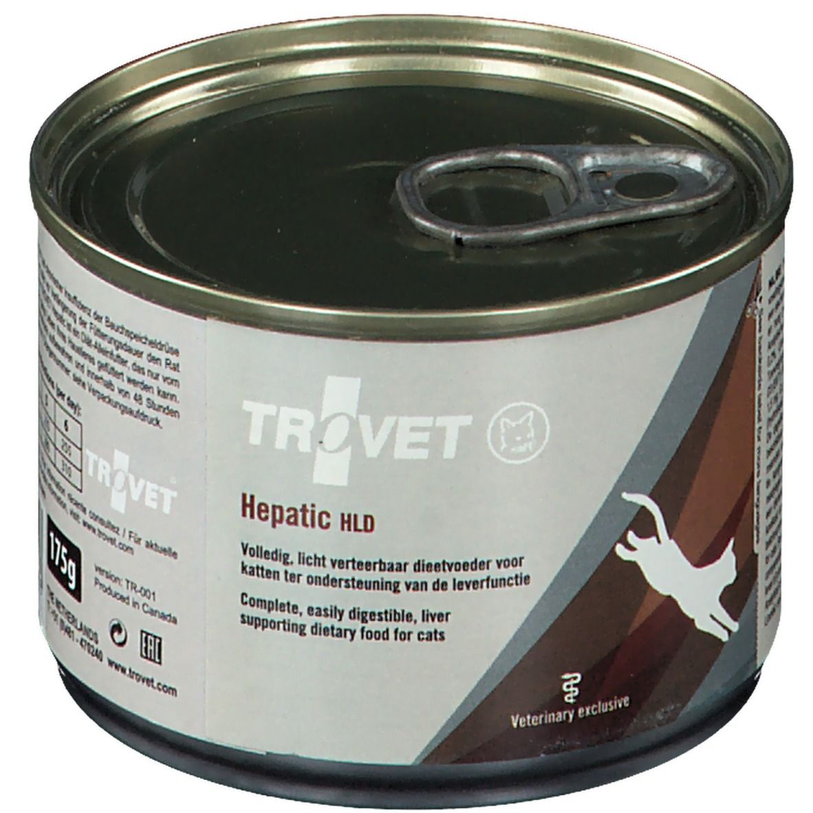 Boîte métallique TROVET Hepatic HLD. Étiquettes marron et blanches. Silhouette de chat. "Veterinary exclusive".