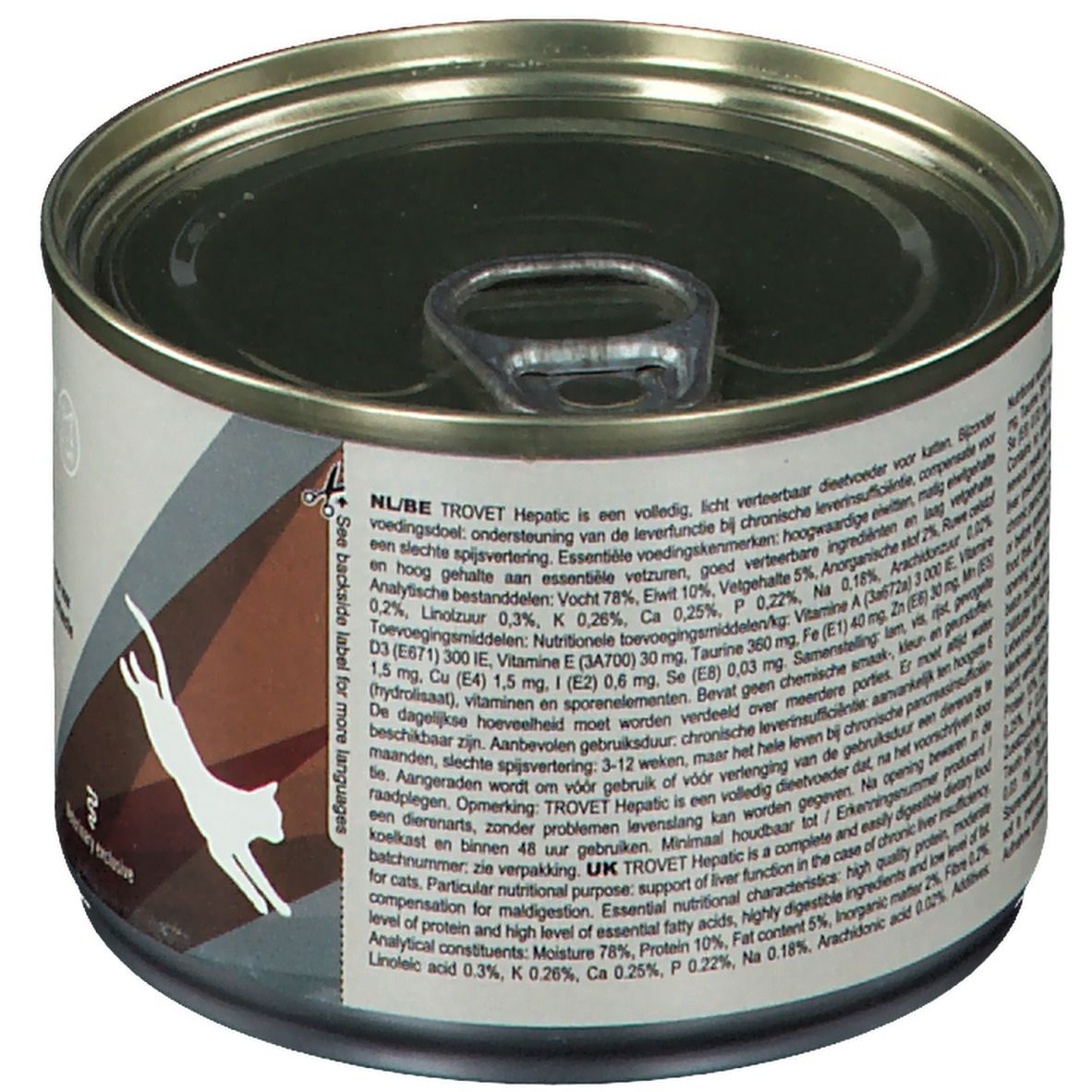 Boîte avec texte. TROVET Hepatic. Ingrédients et informations nutritionnelles. Silhouette de chat. "Veterinary exclusive".