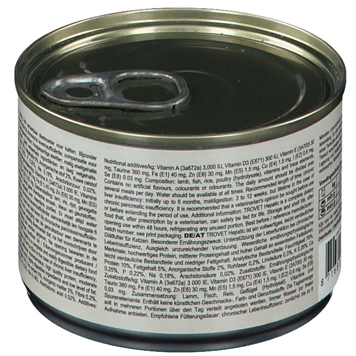 Boîte avec texte. TROVET Hepatic. Informations nutritionnelles. Silhouette de chat. "Veterinary exclusive".
